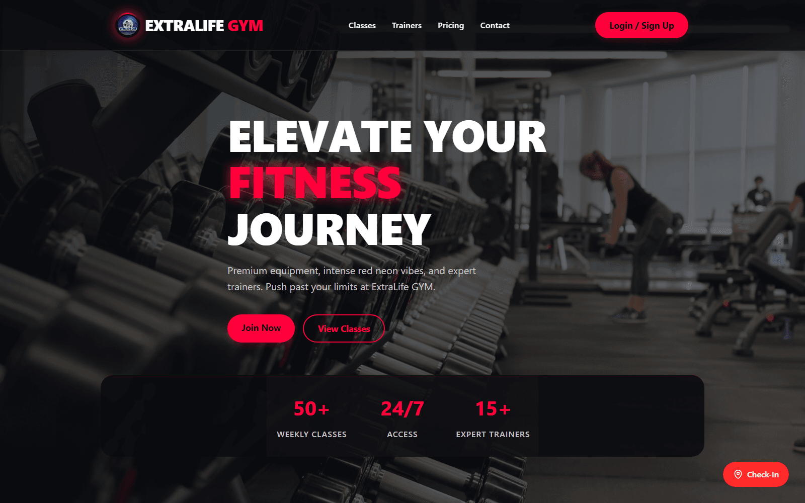 Extra Life GYM live homepage with fitness hero and membership actions